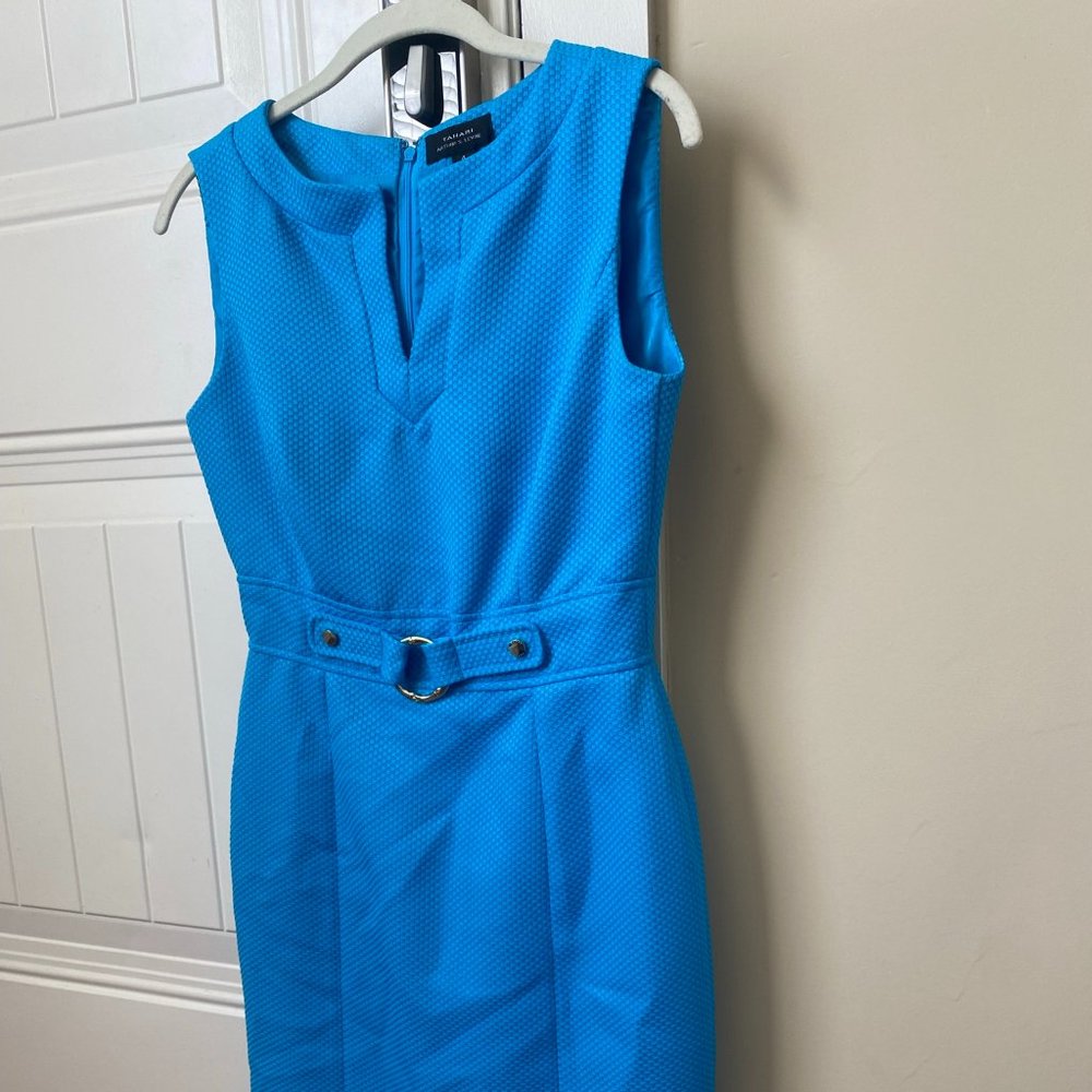 Tahari Blue Sheath Office Dress with Gold Bamboo Buckle